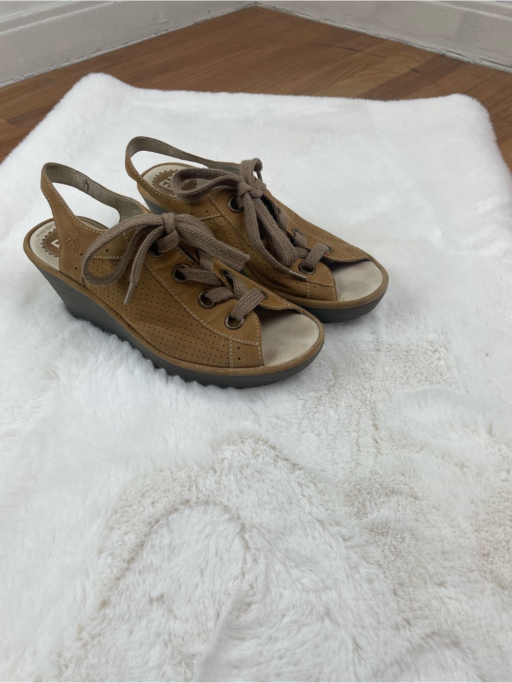 Fly London Lace-Up Slingback Wedge Sandals in Brown /Tan size 39